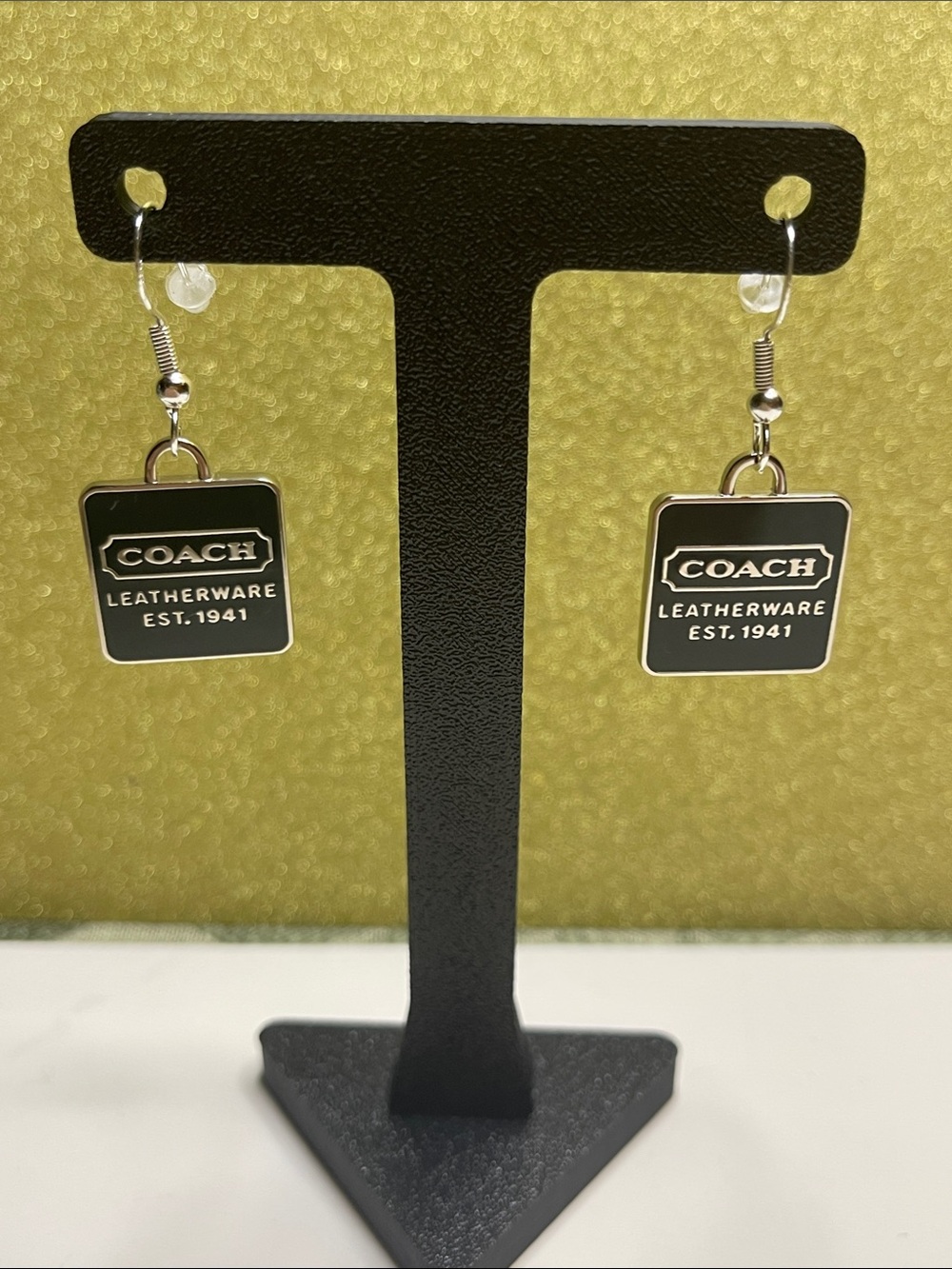 Coach Dark Green & Silver Logo Drop Earrings